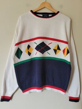 Vintage 80s Preppy Cotton Knit Nautical Argyle Crewneck Sweater Unisex Large